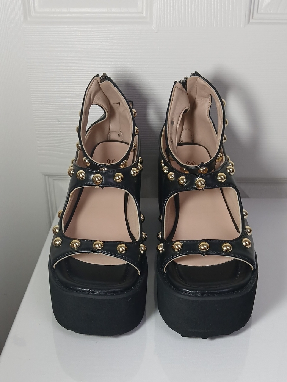 Black Studded Steampunk Goth Chunky Platform Open Toe Ankle Strap Sandals - Picture 2 of 16